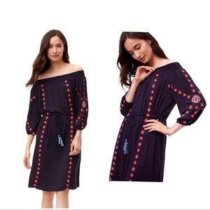 LOFT Women’s Embroidered Off the Shoulder Dress Navy with Red Size Medium